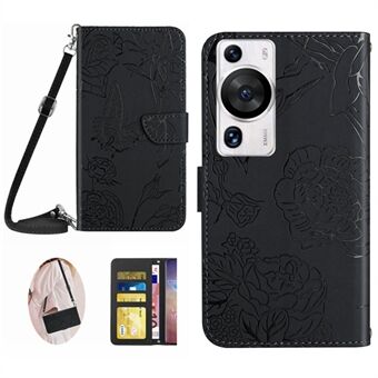 HT03 telefontaske til Huawei P60 / P60 Pro tegnebog PU- Stand Butterfly Flowers påtrykt cover med skulderrem