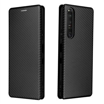 Carbon Fiber Texture Autoabsorberet Mobiltelefon Stand Cover til Sony Xperia 1 III 5G Læder Taske
