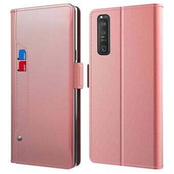 Magnetisk lås makeup spejl etui til Sony Xperia 1 III 5G, PU læder + TPU kortpladser Telefon Stand Cover