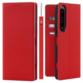 Til Sony Xperia 1 IV 5G Fuldt dækkende Litchi Texture Ægte læder telefontaske Stand Anti-fald beskyttelsescover med håndledsrem