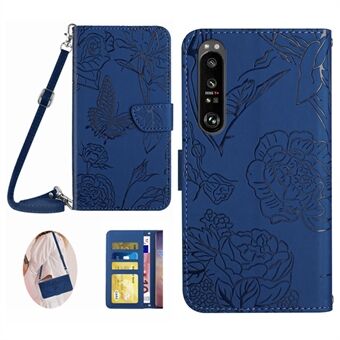 HT03 telefontaske til Sony Xperia 1 V Stand pung PU læder sommerfugle blomster påtrykt cover med skulderrem