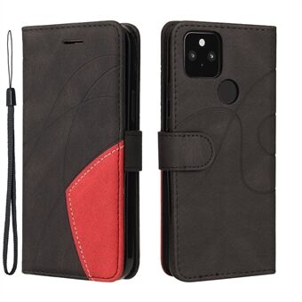 KT Leather Series-1 Dual-Color Contrast PU Leather Wallet Stand Cover med håndledsrem til Google Pixel 5 XL - Sort.