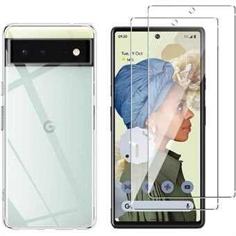 Klar Soft TPU Anti-Fingeraftryk Beskyttende Telefon Etui med 2 Pakker Hærdet Glas Skærmbeskytter til Google Pixel 6.