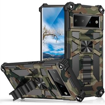 Camouflage Design PC + TPU Anti-fald Mobiltelefon-etui med stativ Beskyttelsescover Med indbygget metalskive til Google Pixel 6 Pro.
