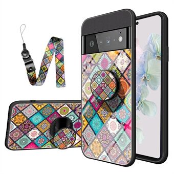 Blomstermønster telefon taske til Google Pixel 7 Hærdet glas + PC + TPU Snor design Støttefod beskytter