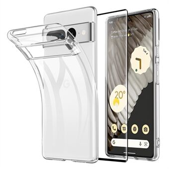 Til Google Pixel 7 Pro 5G Transparent TPU-etui, anti-drop telefoncover med sideklæbende buet hærdet glas fuldskærmsfilm.