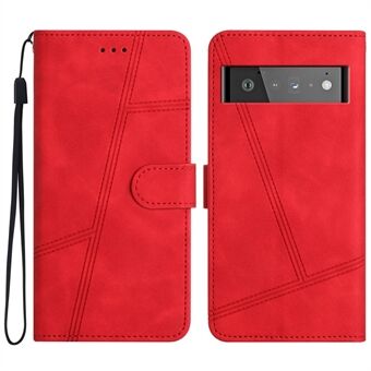 Til Google Pixel 6 Pro 5G Præget Linje Skin-touch PU Læder Telefon Etui Pengepung Stativ Anti-drop Cover
