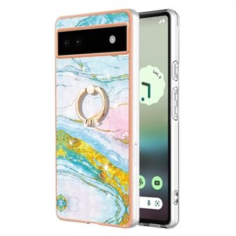 YB IMD-Serie-10 til Google Pixel 6a Marble Pattern Electroplated Ring Kickstand Cover IMD TPU Telefoncover