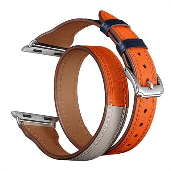 Bi-farvet Dual-Cirkel Design ægte læder udskiftning urrem til Apple Watch Series 1/2/3 42mm / Series 6 SE 5 4 44mm