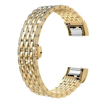 Shiny Rhinestone Decor Metal Watch Band with Butterfly Buckle for Fitbit Charge 2