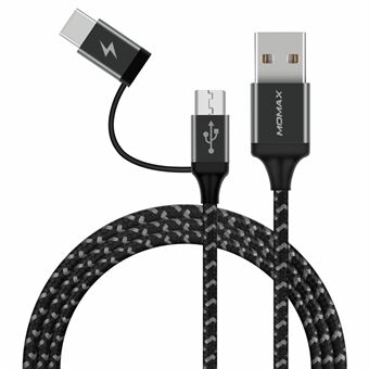 MOMAX ZERO 1m Micro USB + Type-C Sync Nylon flettet ladedatakabel - Sort