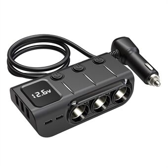 GC01 3 USB + 1 Type-C + 1 PD Port Car Charger 3 Cigarette Lighter Sockets Digital Display Charging Adapter