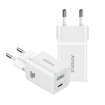 AMORUS Super Si USB A+C Quick Charger PD 30W + QC 18W Dual Ports EU Plug Wall Charger Power Adapter for iPhone/Samsung/Huawei
