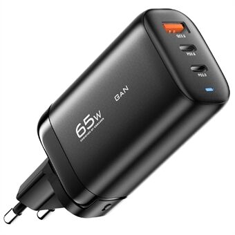 ESSAGER 65W GaN Travel Charging Dock Strømadapter 3-Output Type-C+ USB-A EU Plug Wall Charger [med CE-certifikat] til tablets/smartphones