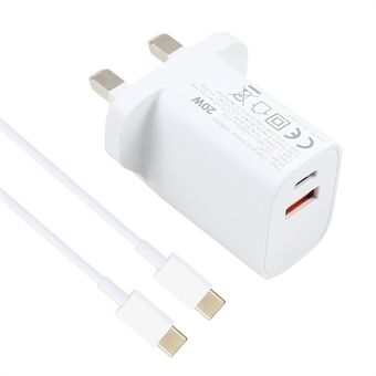 E087 20W Type-C+USB Fast Charging Wall Charger Adapter with 2m 20W Type-C to Type-C Cable