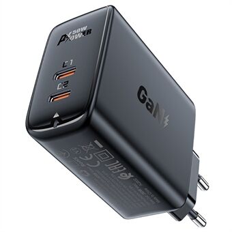 ACEFAST A29 EU-stik PD 50W GaN USB-C+USB-C Dual Port Wall Charger Telefon Hurtigopladningsadapter