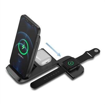 HS-V8 3 i 1 15W foldbar trådløs oplader Qi Fast Charging Stand Dock til iPhone Apple Watch AirPods