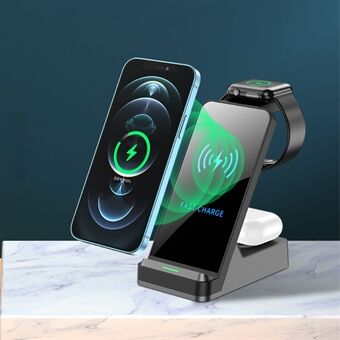 H15 3 in 1 Wireless Charger 15W Qi Fast Charging Station for iPhone/Apple Watch/AirPods - Black
