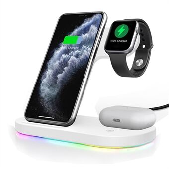 3 i 1 15W Hurtigopladende Qi Trådløs Oplader Stand til Apple iPhone iWatch Airpods Hovedtelefoner