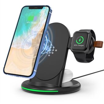 W-02 3 in 1 15W Wireless Charger for iPhone 13/12 Series/AirPods Pro Portable Charging Dock for Apple Watch