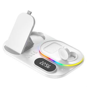 A06 4-i-1 telefonur, øretelefon, trådløs oplader, digitalt ur, 15 W telefon, trådløs Stand med RGB-lys (til Samsung Smart Watch)