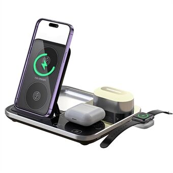 R12 3-in-1 Folding 15W Max Wireless Charger Dock for Mobile Phone / Smart Watch / Headphone with Night Light