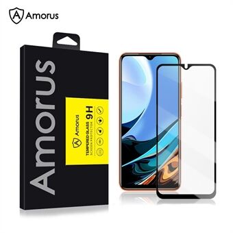 AMORUS Silk Printing High Definition Full Glue Tempered Glass Full Screen Protector Film for Xiaomi Redmi 9T/9 Power/Note 9 4G (Qualcomm Snapdragon 662) - Black