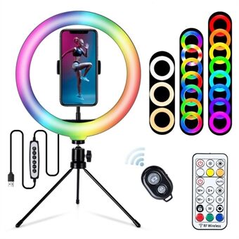 S26-RGB 10-tommer RGB LED- Ring Selfie-fotograferingsfyldningslys med telefonholder og stativ