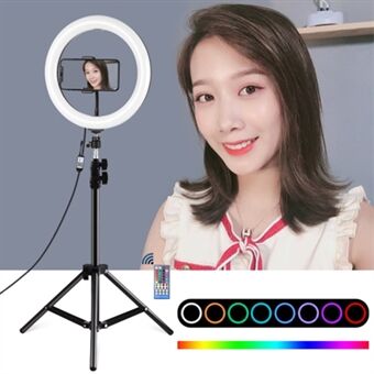 PULUZ 10,2 tommer & 10 lysstyrkeniveauer RGB Selfie- Ring med 1,1 m justerbar Stand og fjernbetjening og telefonklemme