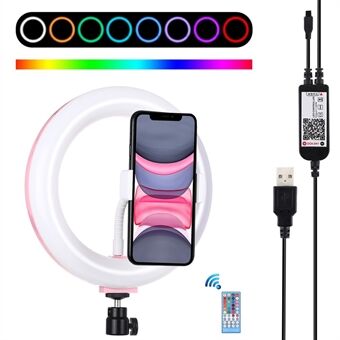 PULUZ PU503  20 cm USB RGB Dæmpbar Dobbeltfarvetemperatur LED Ring Selfiefotografering Videoringlys med telefonklemme