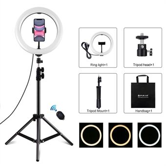 PULUZ PKT3069B 1,1 m stativbeslag + 10,2" 26 cm dæmpbar dobbeltfarvetemperatur USB LED- Ring Selfiefotografering Videofyldningslys med telefonklemme og selfie-fjernbetjening