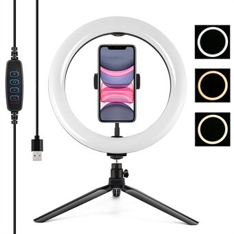 PULUZ PKT3071B 10,2-tommer 26 cm USB-dæmpbare LED- Ring Vlogging Selfie-fotografering Videofyldningslys med stativmontering