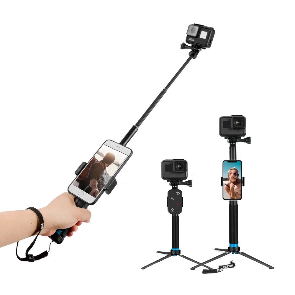 naturpark Næsten evne TELESIN GP-MNP-090-S til GoPro Hero 8 Action kamera Aluminiumslegering  Selfie Stick Udtrækkelig håndholdt teleskop stang Stand monteringsstativ