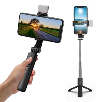 H8s trådløs Bluetooth Selfie Stick Foldbar Mini Tripod Teleskopisk Monopod med Fill Light Fjernbetjening til Smartphone - Sort