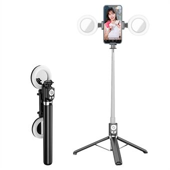 R13DS 1,3 m forlængelig Selfie Stick Trådløs Bluetooth-fjernbetjening Bærbart Stand med fyldlys og spejl - sort