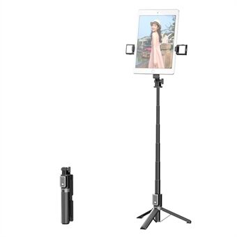 Stand -V2 Bluetooth-fjernbetjening Selfie Stick med dobbelt telefonholder Teleskopstativstativ (dobbeltfyldningslys)