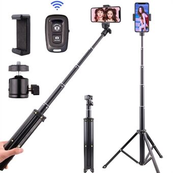 T9 1,6 m teleskopisk Selfie Stick-telefonholder Stativ Videooptagelse Live Streaming Stand med telefonklip + Bluetooth-fjernbetjening + opbevaringstaske