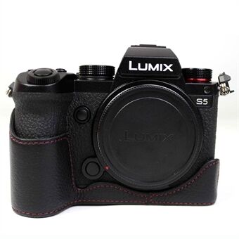 Ægte læder kamera Beskyttende halvt etui bunddæksel med batteriåbning til Panasonic Lumix S5