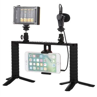 PULUZ PKT3024 4 i 1 Live Broadcast LED Selfie Light Smartphone Video Rig Håndtag Stabilisator Bracket Kits Mikrofon Stativ
