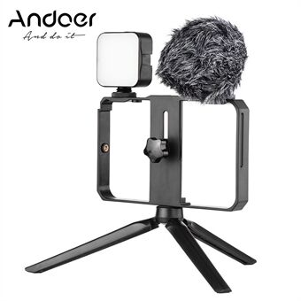 Andoer Smartphone Video Cage Kit Inkluderer 2 stk Mini LED Fyld Lights + Mini Mikrofon + Håndholdt Smartphone Video Bracket + Mini Desktop Stativ Stand
