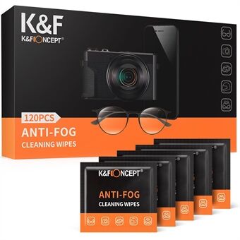 K&F CONCEPT KF08.036 120 stk / sæt anti-dug rengøringsservietter til kameralinser, briller, mobiltelefoner, bærbare computere 6x4 tommer stor størrelse tågetætte rengøringsservietter